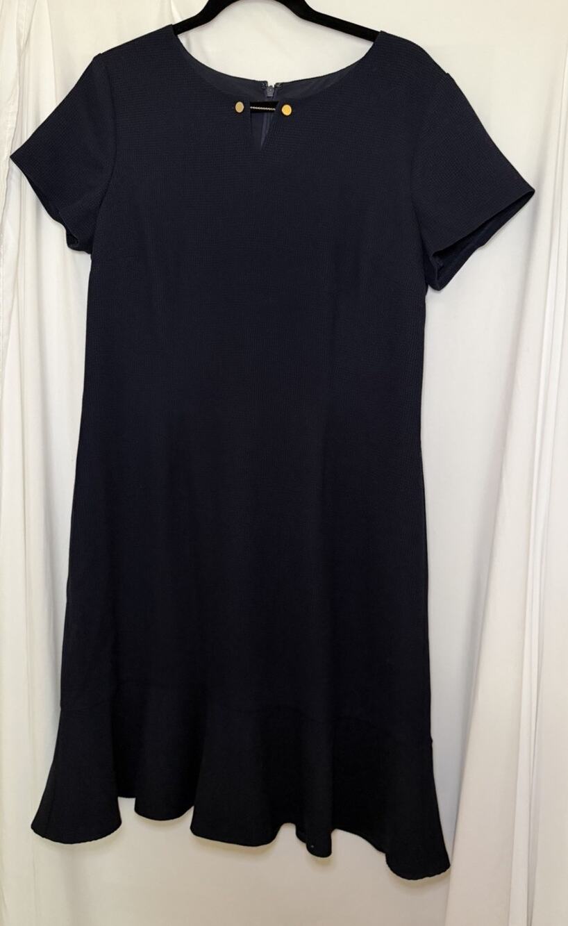 Talbots Sheath Dress Peplum Hem Short Sleeve Textured Navy Blue Petites 14